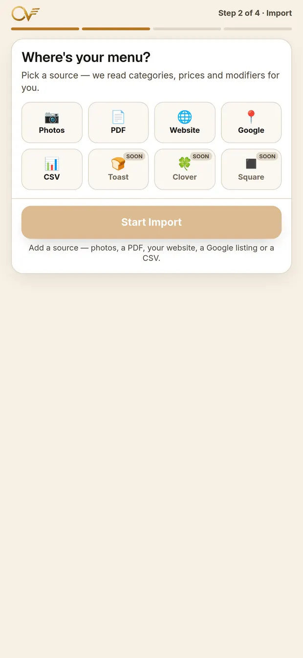Step 2 of 4, Import Menu: the sources PDO can read a menu from — photos, PDF, website, Google and CSV