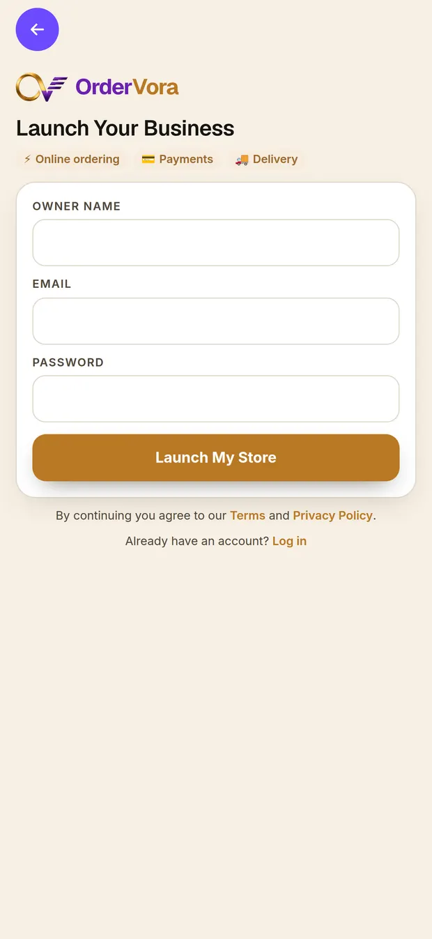 The PDO sign-up page: owner name, email and password, with a Create business account button
